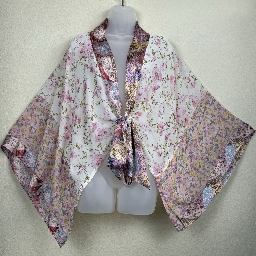 Mystree Floral Kimono Wrap Boho Tie Front Pink Floral Mixed Print Dolman Top M/L